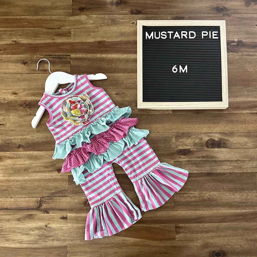 Mustard Pie Pink & Blue Stripe Sleeveless Ruffle Flower Polka Dot Romper 6M